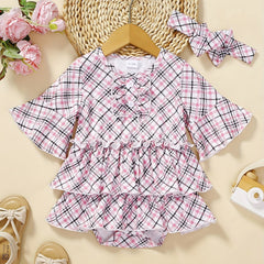 2pcs Baby Girls Plaid Onesie Dress & Headband Flared Sleejsons Princess Dress