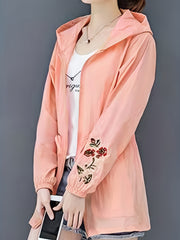Embroidered Hooded Jacket Zip Up Drawstring Outerwear