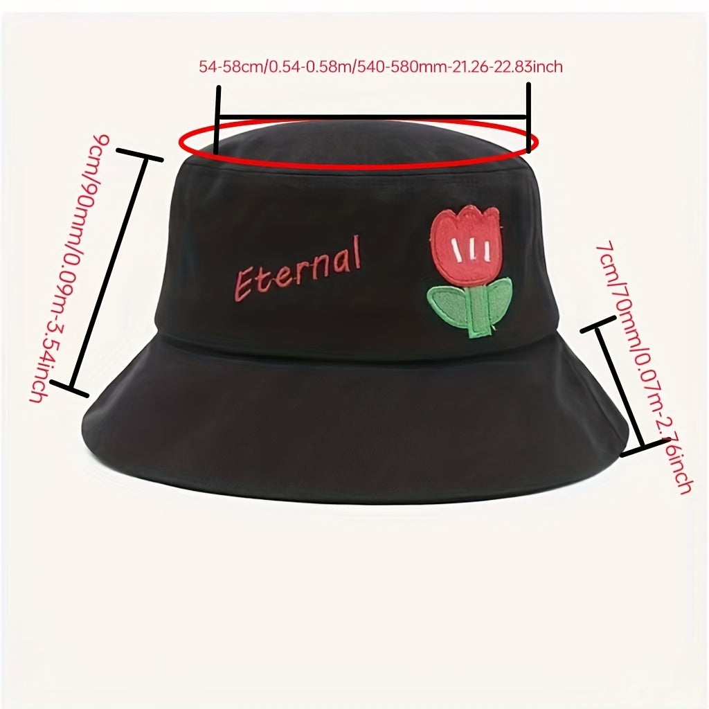 Tulip Embroidery Cartoon Bucket Hat for Women