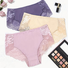 3 Pack Plus Size Sexy Panties Set Ultra Thin Soft High Rise Lace Trim Briefs