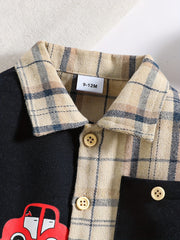Boy's Car Print Plaid Shirt Casual Button Down Top