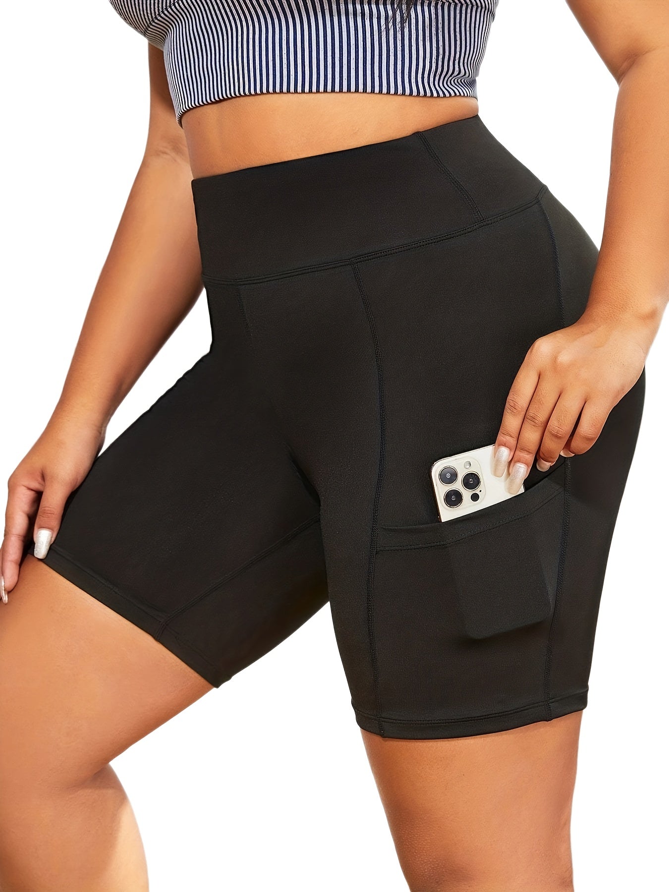 Women's Plus Size High Waisted Biker Shorts with Phone Pocket