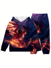 Boy's Fire Dragon Pattern Hoodie & Pants Set for Fall Winter