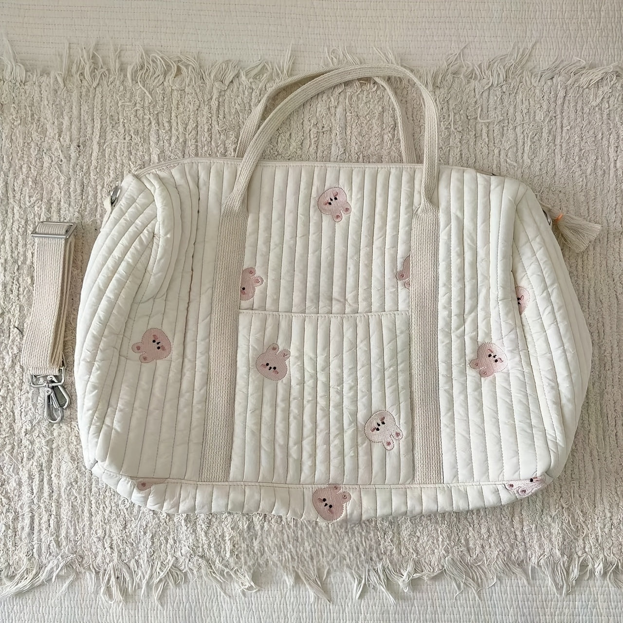 Quilted Parent Bag with Bear Embroidery Durable Polyester Lightweight Duffel