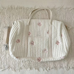 Quilted Parent Bag with Bear Embroidery Durable Polyester Lightweight Duffel