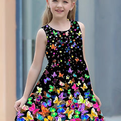 Girls Colorful Butterfly Print Princess Dress Sleeveless Summer Clothing