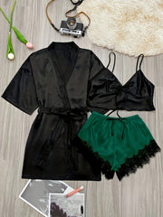 3 Piece Satin Pajama Set with Lace Trim Shorts