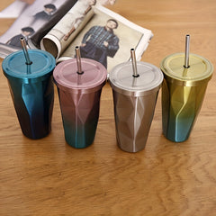 500ml Gradient Straw Water Cup Stainless Steel Bottle Outdoor Sports Fitness