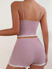 Lace Trim Pajama Set V Neck Cami Top & Elastic Waistband Shorts