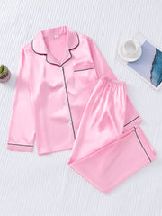 Satin Pajama Set Long Sleeve Top & Pants Women's Sleepwear