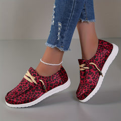 Leopard Print Flat Lace-Up Canvas Shoes for Women