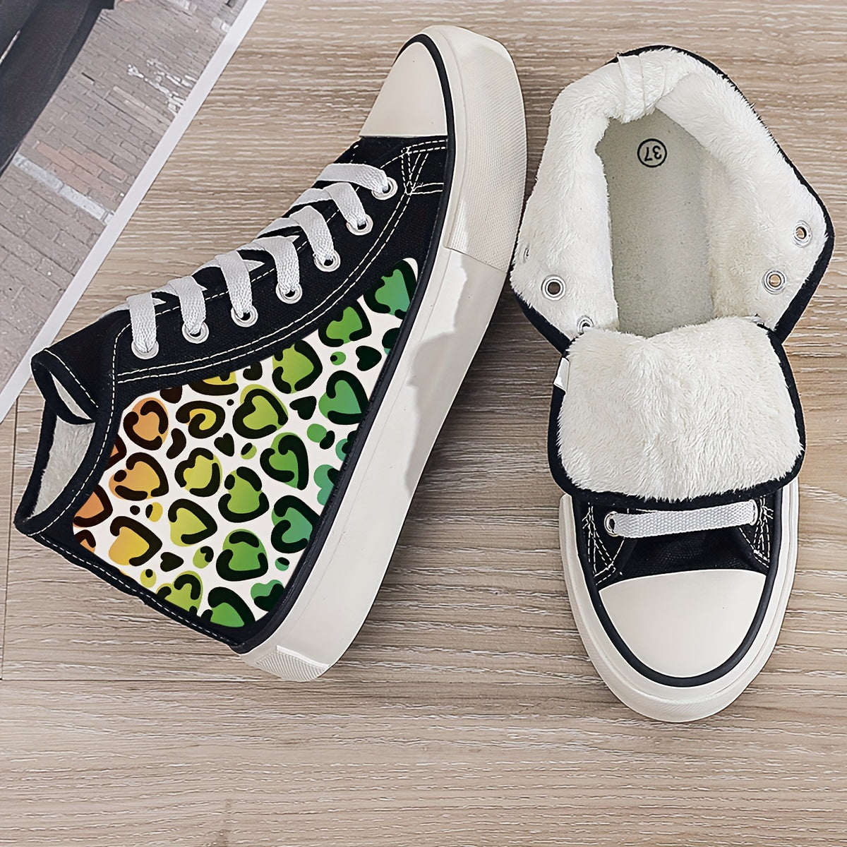 Leopard Heart Print Plush Lined Canvas Sneakers