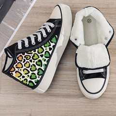 Leopard Heart Print Plush Lined Canvas Sneakers