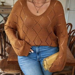 Solid Pointelle Long Sleeve V Neck Sweater