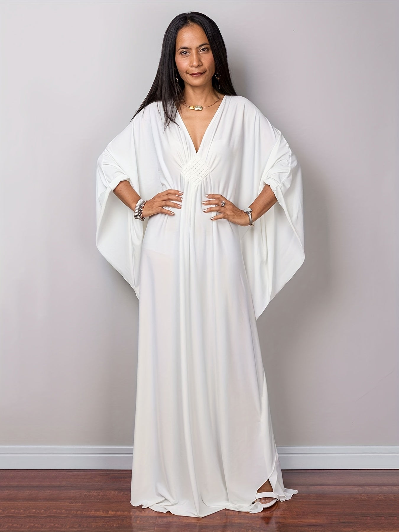 Boho Cover Up Solid Chinese Knot Bat Sleeve V Neck Maxi Dress