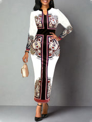 Cross & Paisley Print Long Sleeve Maxi Dress