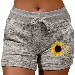 Sunflower Print Drawstring Shorts for Women