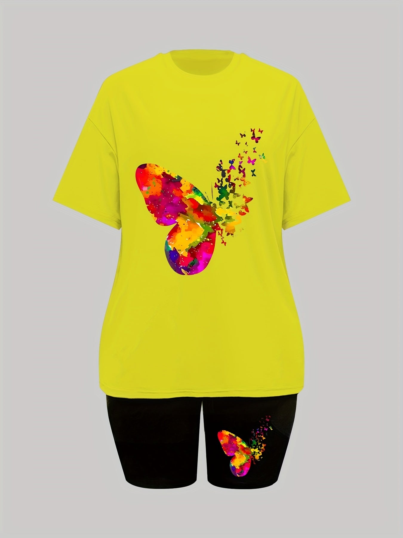 Colorblock Butterfly Print Lounge Set Short Sleeve Top & Cozy Shorts