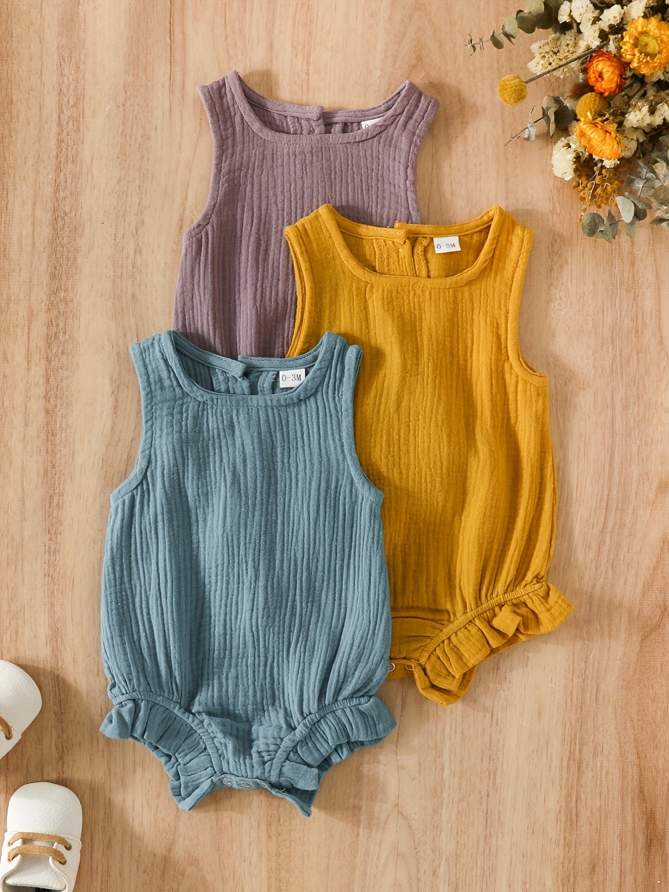 Baby Girls Plain Ruffle Trim Sleeveless Onesie Summer Clothes