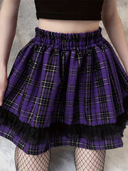 Kpop Plaid Print Pleated Skirts High Waist A Line Women's Clothing