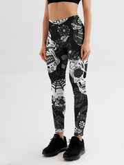 Flower & Skull Print Yoga Leggings Halloween Fitness Workout Pants