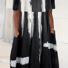 Brush Print Short Sleeve Stretch Dress With Pockets