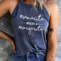 Women's Letter Print Halter Top Sleeveless Crew Neck Top