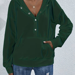 Solid Half Button Kangaroo Pocket Hoodie
