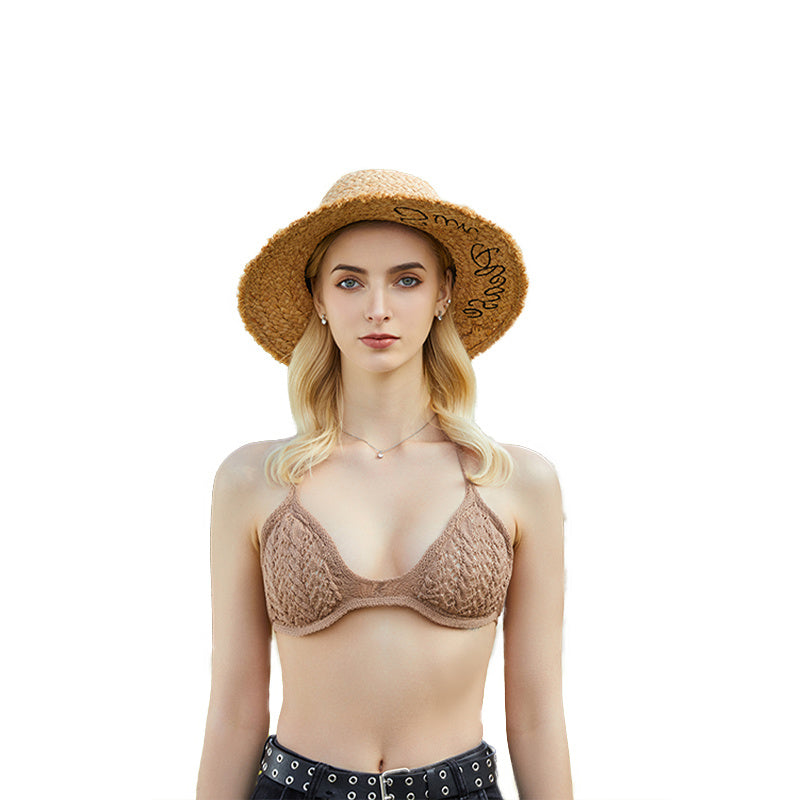 Light Tan Plaid Sun Hat Frayed Edges Breathable Straw Hats Sunscreen French Styl