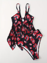 Floral Print Tankini Set Women's Ring Cut Out Swimsuit Two Piece Set