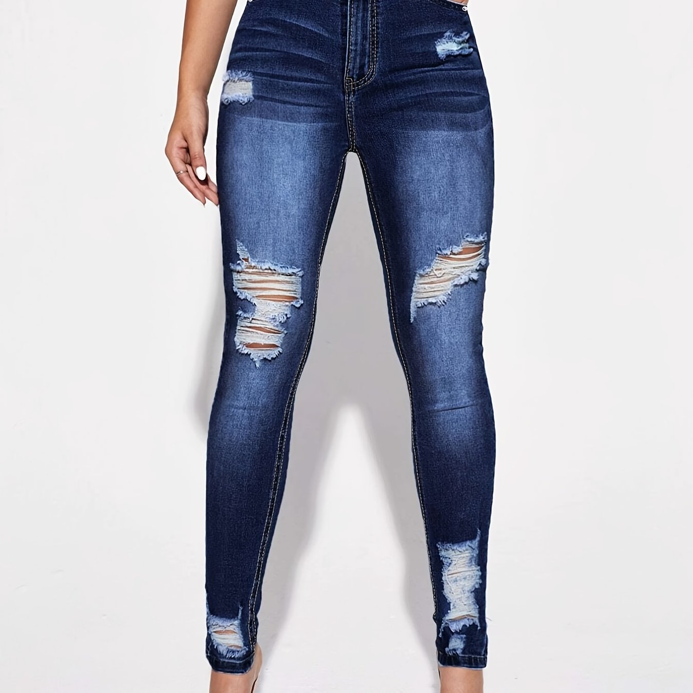 High Rise Ripped Skinny Jeans Distressed Washed Slash Pocket