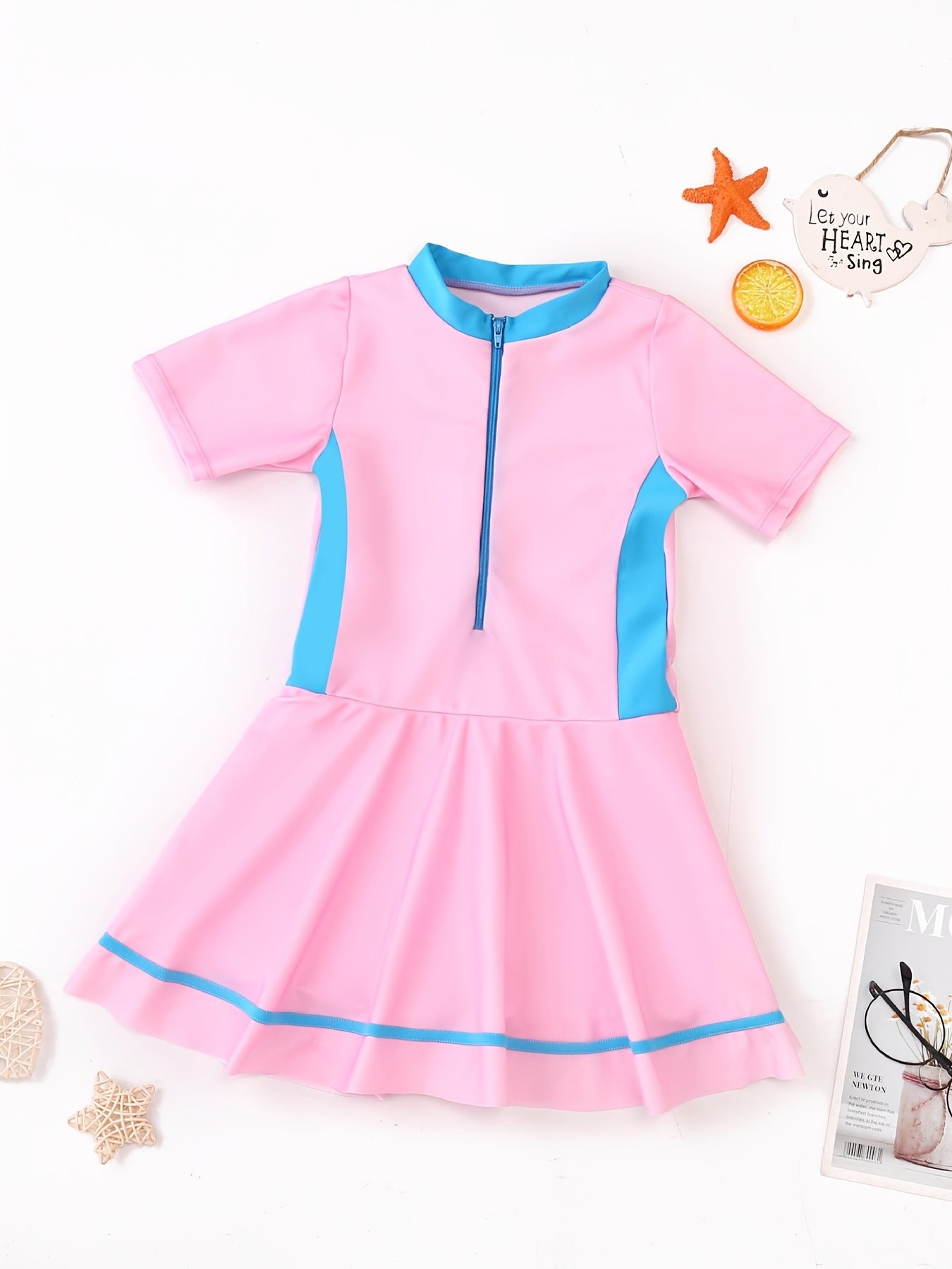Girls Block Zipper One Piece Swimsuit Summer Beach Clothes