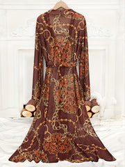 Chain Print Mesh Night Robe Long Sleeve V Neck Robe Women's Sexy Lingerie