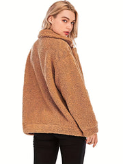 Solid Zip Up Teddy Coat Casual Long Sleeve Pocket Front Warm Outerwear