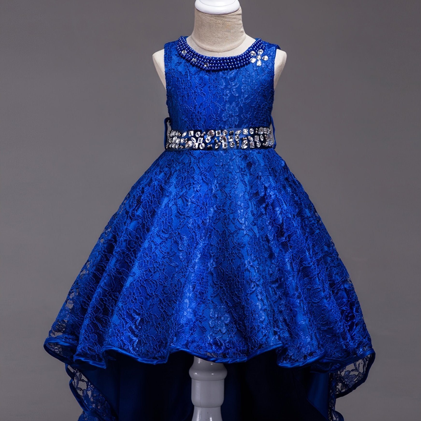 Girls Sleeveless Princess Dress Lace Beaded Rhinestone Flower