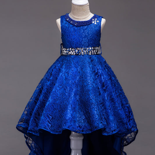 Girls Sleeveless Princess Dress Lace Beaded Rhinestone Flower