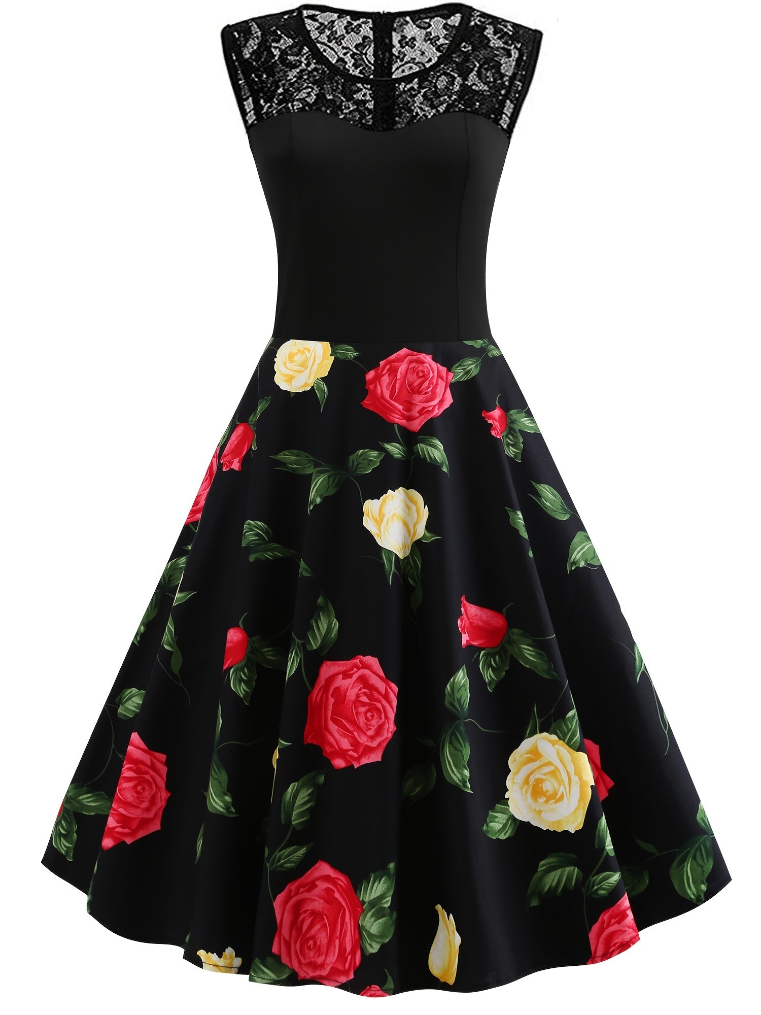 Vintage Dark Peony Sleeveless Dress Contrast Lace Print