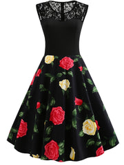 Vintage Dark Peony Sleeveless Dress Contrast Lace Print