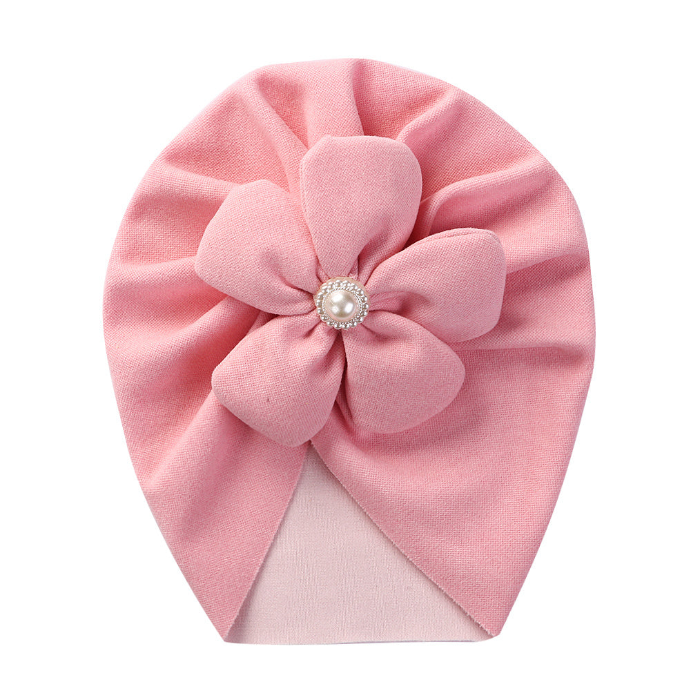 Newborn Toddler Pearl Flower Beanie Head Wrap Hat Solid Turban Headband
