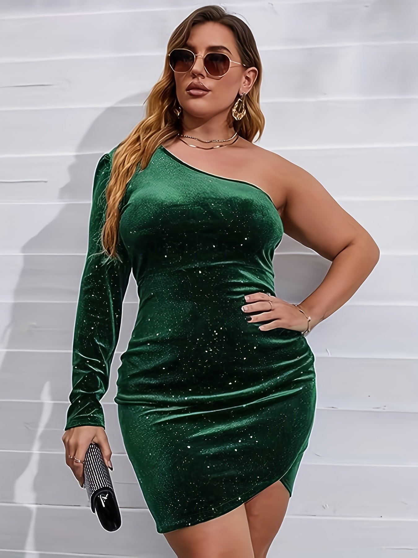 Solid Shinny One Shoulder Mini Dress