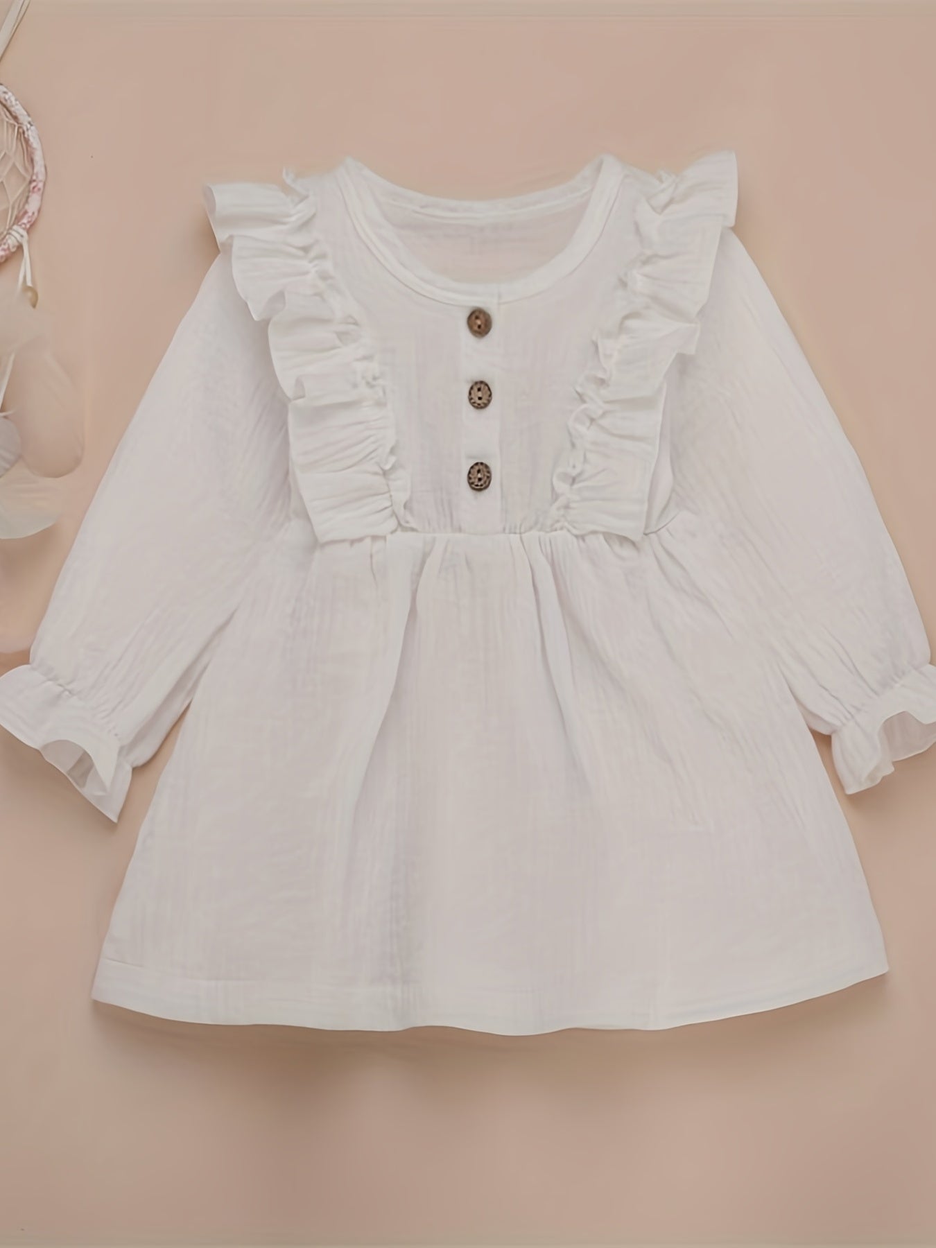 Girls Ruffle Trim Button Long Sleeve Dress