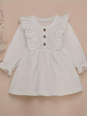 Girls Ruffle Trim Button Long Sleeve Dress