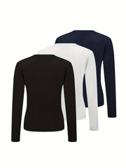 3pcs Solid Thermal Underwear Tops Long Sleeve Crew Neck Women's Lingerie