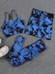 3pcs Tie Dye Cami Sports Bra & High Waist Shorts And Leggings Set