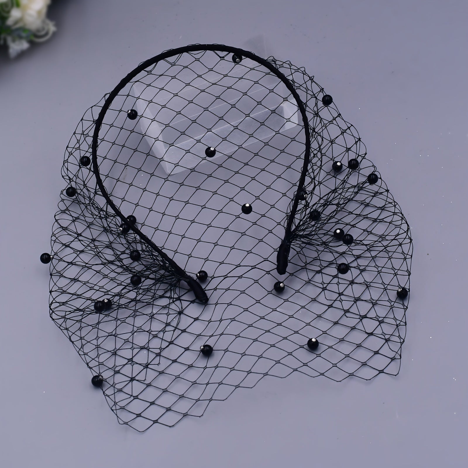 Beaded & Faux Birdcage Veil Headband for Bridal Showers Weddings Parties