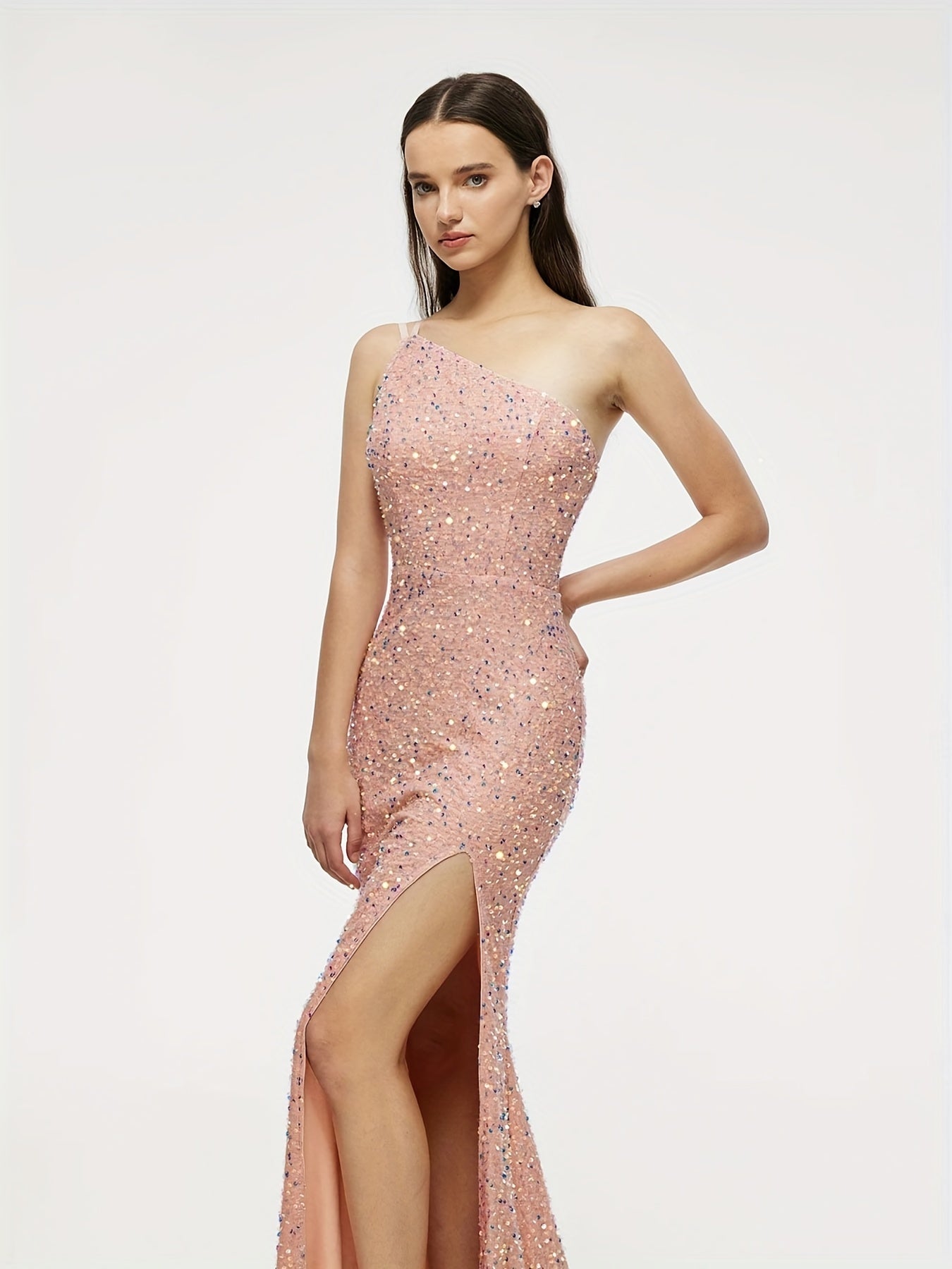 Sequined One Shoulder Split Dress Sexy Sleeveless