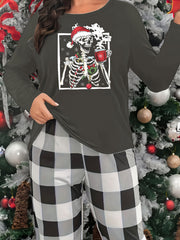 Skull & Christmas Hat Lounge Top Long Sleeve Crew Neck Women's Loungewear