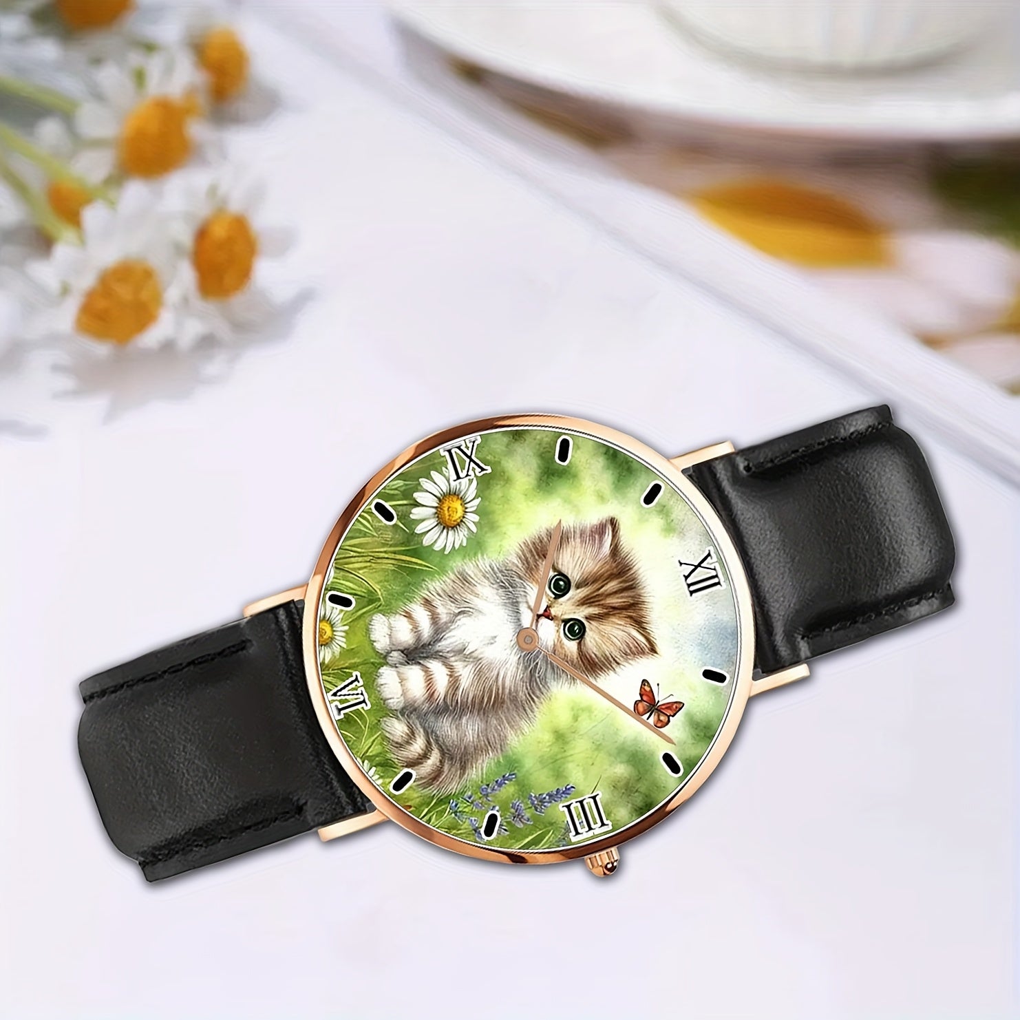 Unisex Kitten on Grass Analog Watch Minimalist Rose Golden Stainless Steel Band