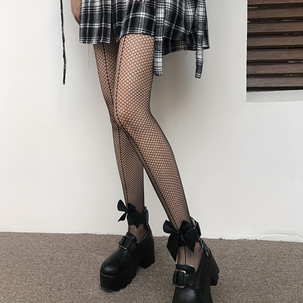 2 Pack Bow Decor Fishnet Tights High Waist Mesh Pantyhose Women's Stockings