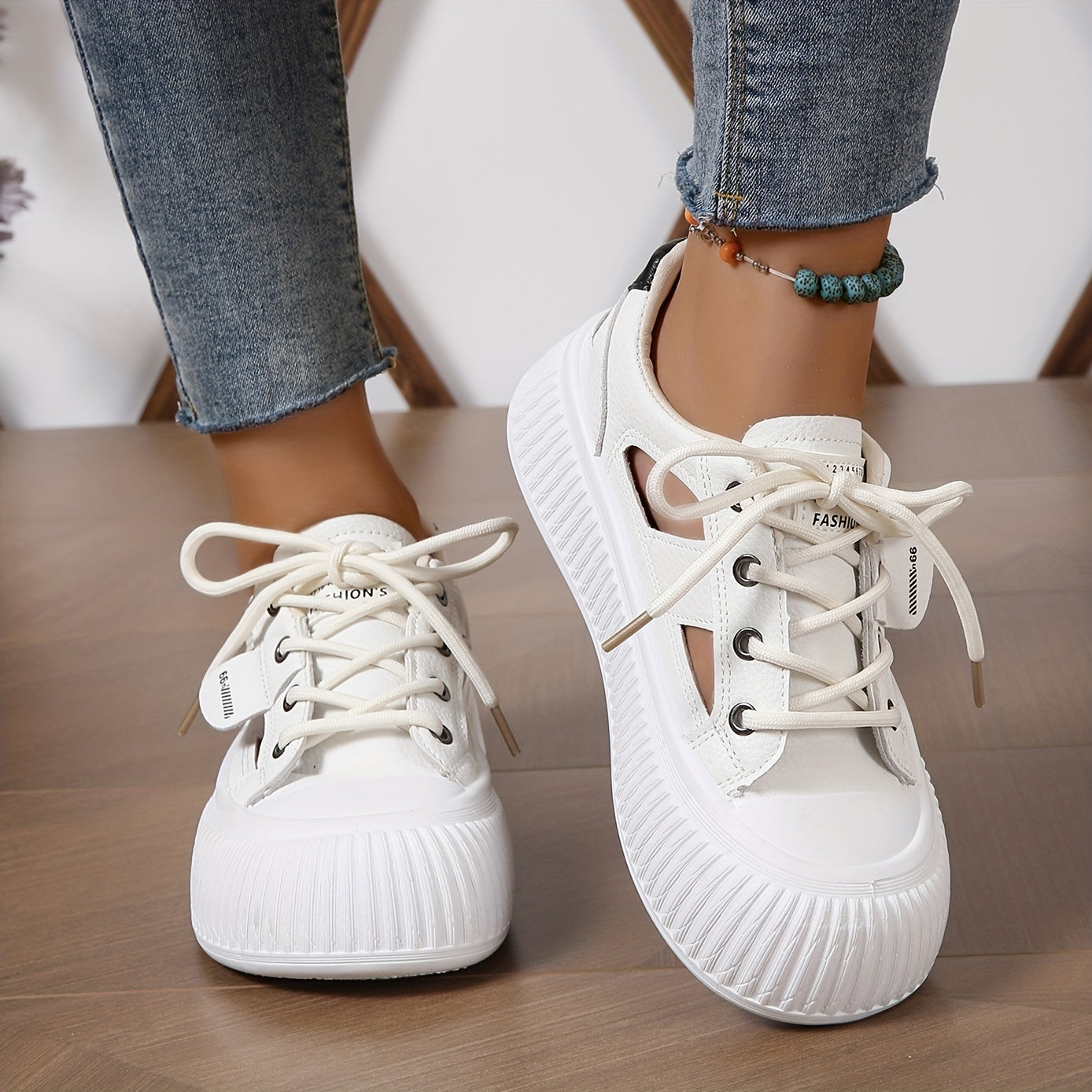 Women's Solid Sneakers Lace Up Low Round Toe Side Hollow Out Skate Shoes